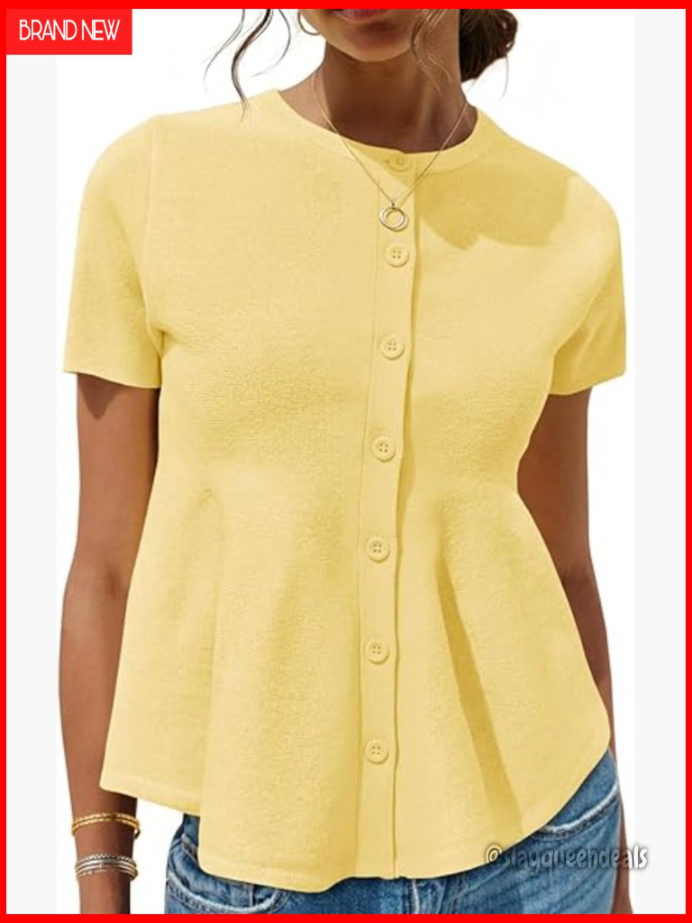 Short Sleeve Cardigan Ruffle Button Down Crew Neck Peplum Knit Sweater Tops